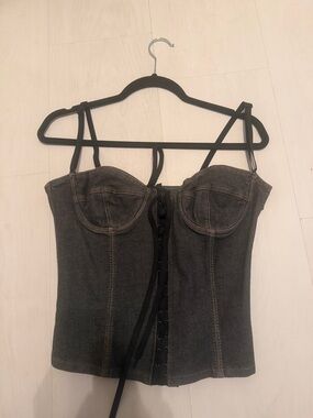 D&G Gray Lace-Up Denim Bustier Camisole